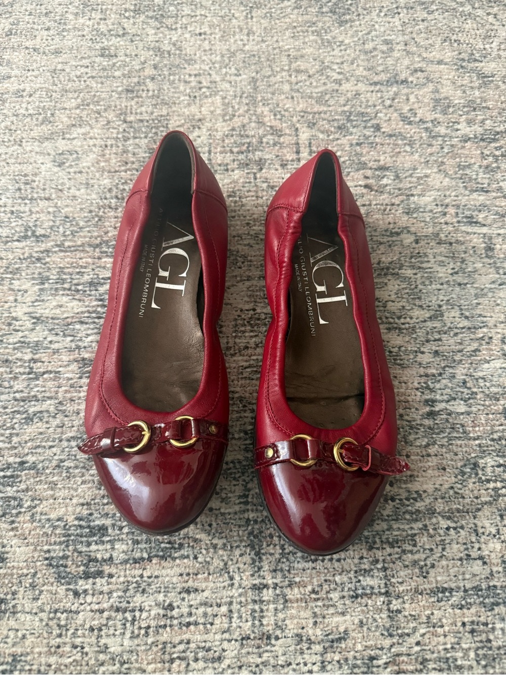 Attilio Giusti Leombruni Red Patent & Leather Ballet Flats with Gold Buckle